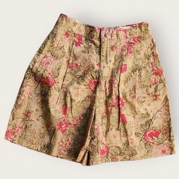 LizSport Shorts Womens Sz 10 Gold Floral Pleated Elastic Waist Wide Leg VTG 90's - Picture 1 of 5